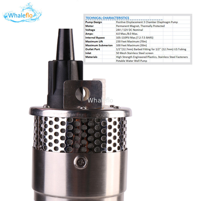 Whaleflo 24V dc solar water pump dc solar submersible pump with lift rate 100m and flow rate 12L/M for irrigation